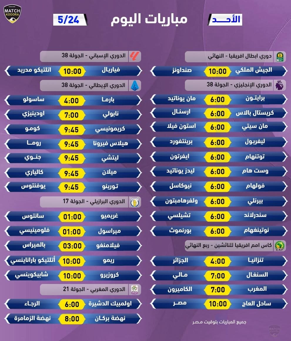 مواعيد مباريات اليوم - الأحد 24 مايو 2026. جدول بأول تعليق