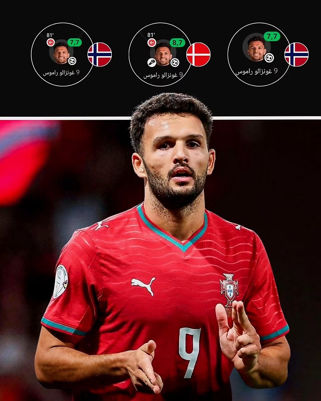 غونزالو راموس يقود مستقبل هجوم البرتغال 🇵🇹🔥 مع اقتراب نهاية حقبة الأسطورة كريستيانو رونالدو، يواصل غونزالو راموس تقديم نفسه كأحد أبرز الأسماء القادرة على قيادة هجوم البرتغال مستقبلًا. 📊 في آخر 3